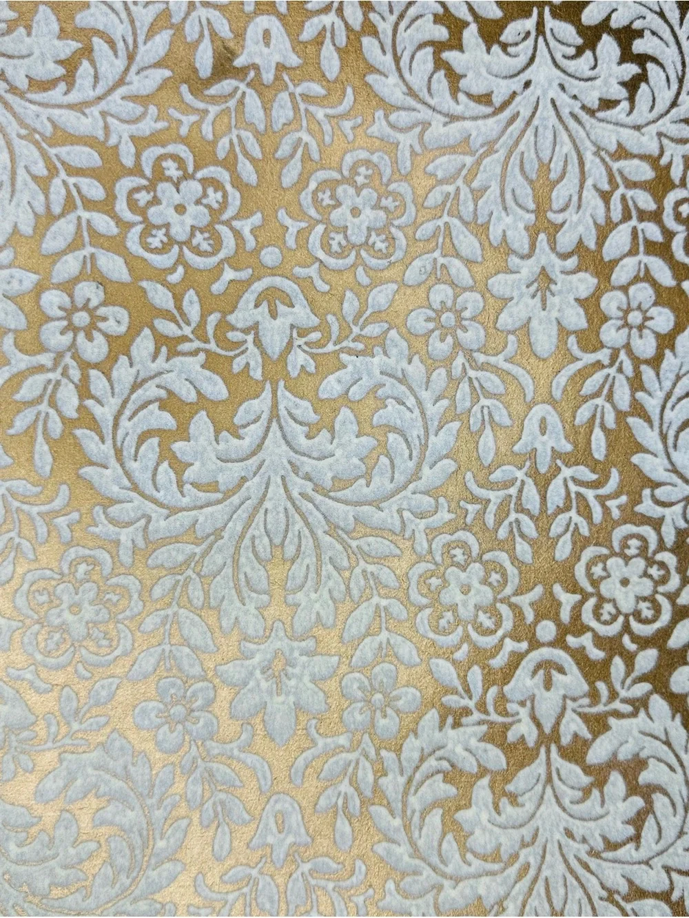 Vintage 1970s Flocked Damask Wallpaper Roll White Velvet Gold Floral 20.5”